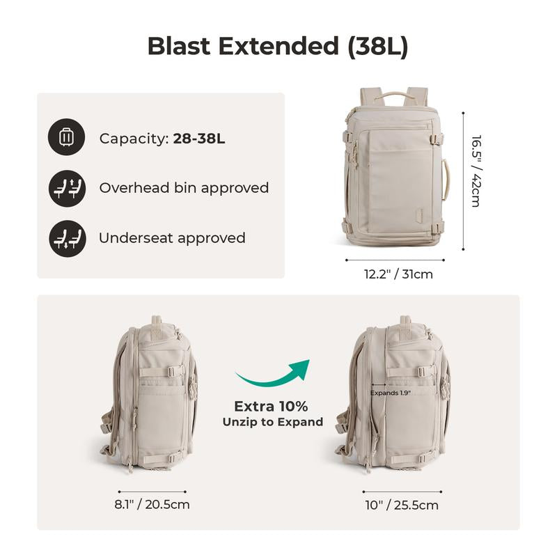 Carry On Travel Backpack, 15.6" Laptop, Waterproof, Quick Access, Fits 40Oz Water Bottle