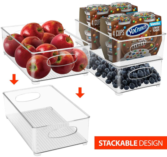 Clear Plastic Fridge Organization Bin 6-Pack Set, Stackable with Handles