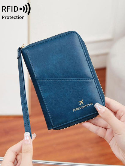 Solid Color Passport Case, Multi-Functional Zipper Travel Card Holder, RFID Blocking 