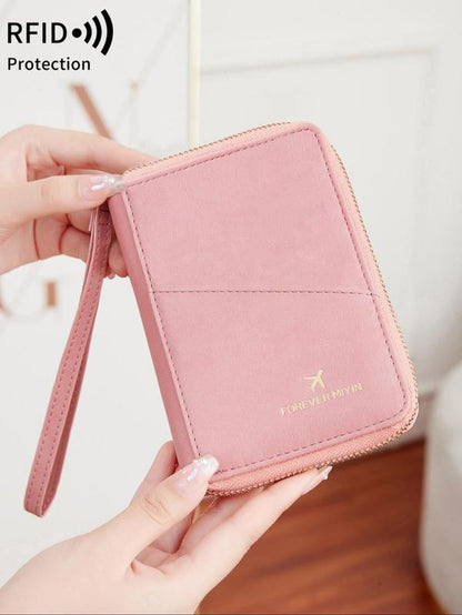 Solid Color Passport Case, Multi-Functional Zipper Travel Card Holder, RFID Blocking 